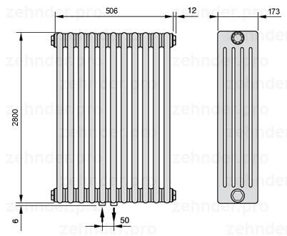 Схема (чертеж) Радиатор Zehnder Charleston 5280/11 №3470 Белый глянцевый RAL 9016
